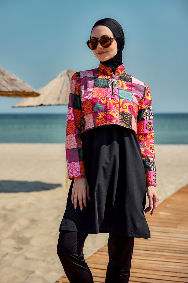 Full-Cover Modest Swimwear Set Black Patterned - Thumbnail