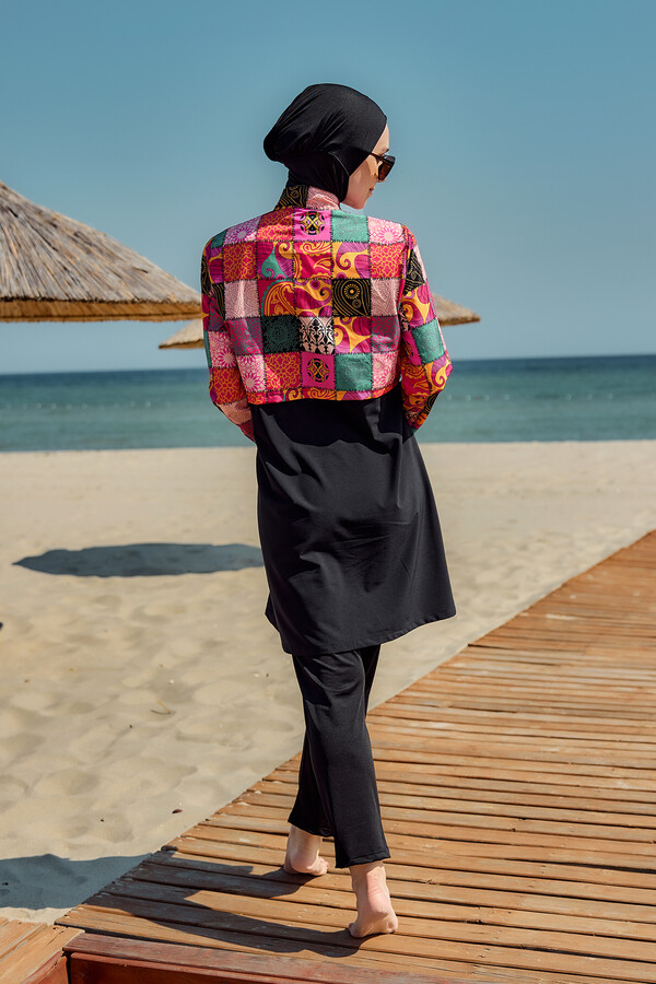 Full-Cover Modest Swimwear Set Black Patterned - Thumbnail