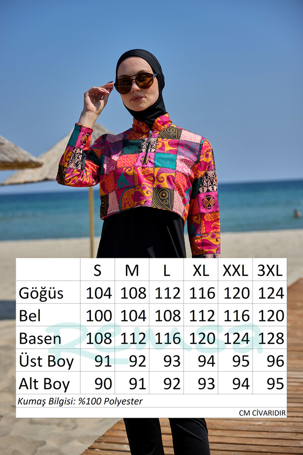 Full-Cover Modest Swimwear Set Black Patterned - Thumbnail