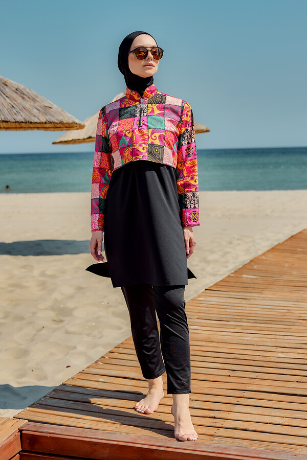 Full-Cover Modest Swimwear Set Black Patterned - Thumbnail