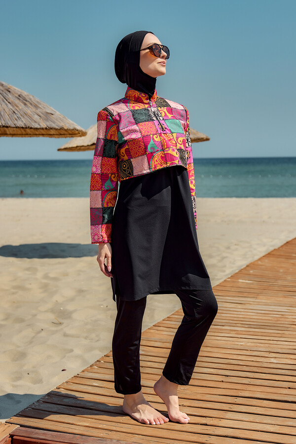 Full-Cover Modest Swimwear Set Black Patterned - Thumbnail