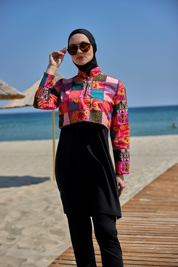 Full-Cover Modest Swimwear Set Black Patterned - Thumbnail