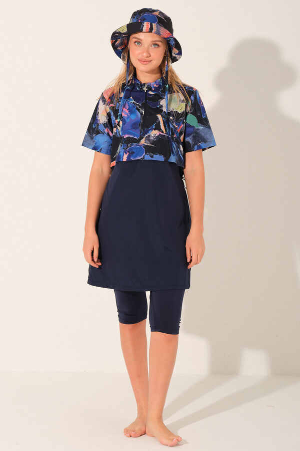 Patterned Tunic Swimwear Set with Swim Cap - Thumbnail