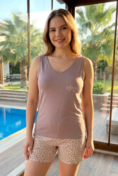 Remsa - Patterned V-Neck Sleeveless Shorts Pajama Set in Taupe 0636 Vizon02