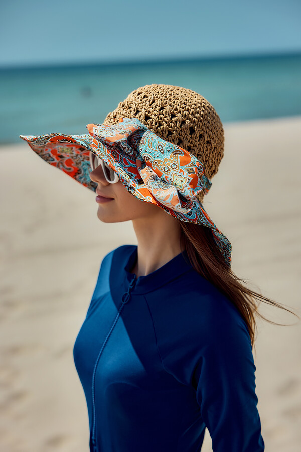 Patterned Woven Hat Sun Protection Beach Accessory - Thumbnail
