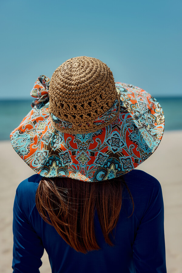 Patterned Woven Hat Sun Protection Beach Accessory - Thumbnail