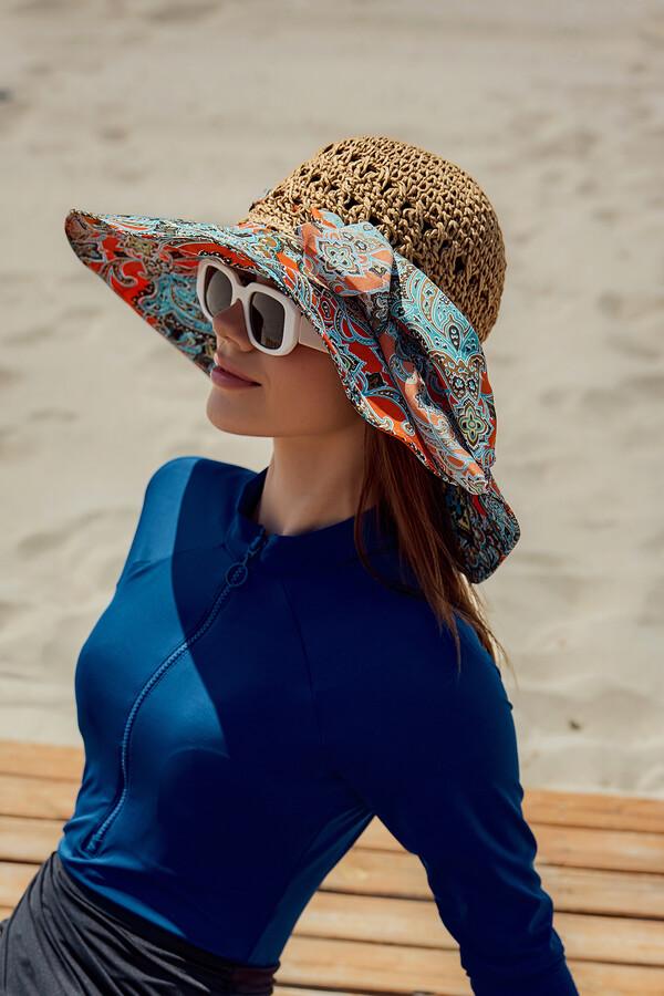 Patterned Woven Hat Sun Protection Beach Accessory - Thumbnail