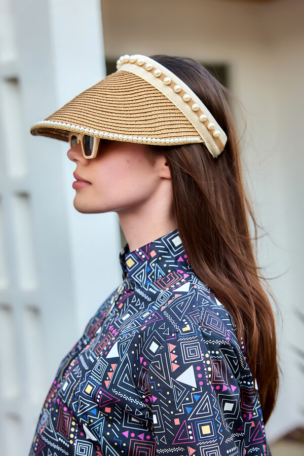 Pearl Detailed Visor Straw Hat Sun Protection Accessory - Thumbnail