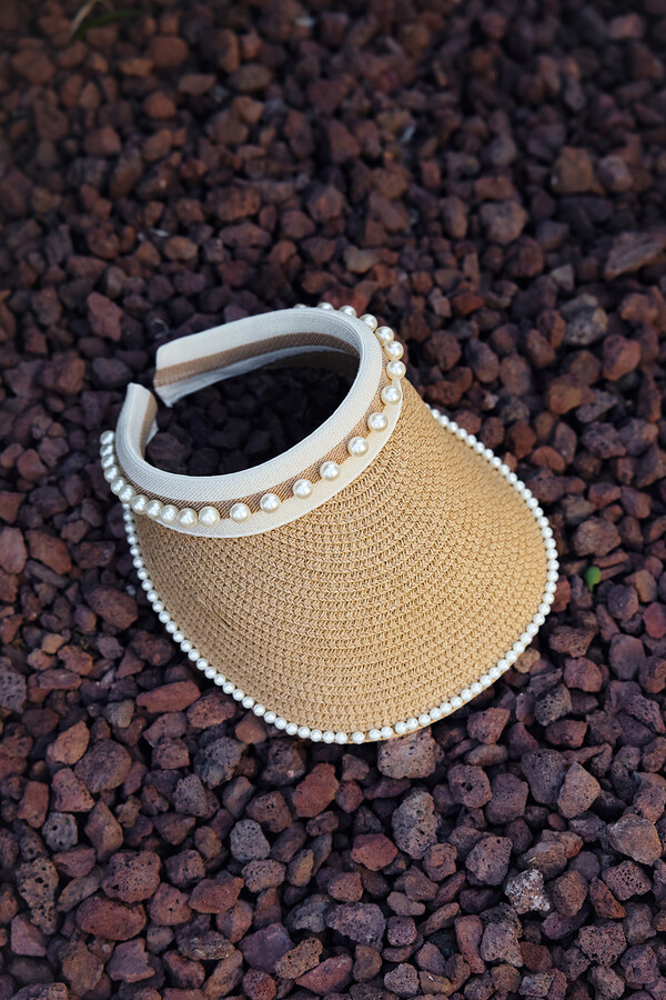 Pearl Detailed Visor Straw Hat Sun Protection Accessory - Thumbnail