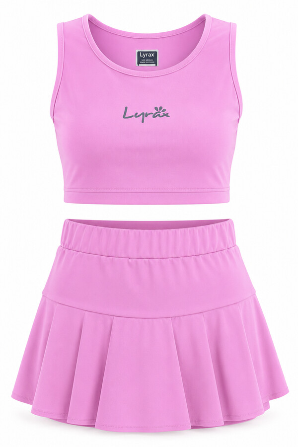 Pink Sleeveless Top with Skirted Shorts Swimsuit for Girls - Thumbnail