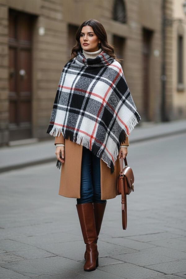 Plaid Scarf & Shoulder Wrap 60x180 cm 1263 Black - Thumbnail