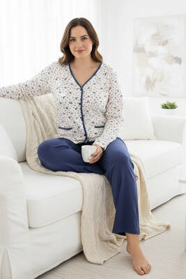 Tesmay - Plus-Size Button-Front Long Sleeve Crochet Cotton Pajama Set 250654 White06