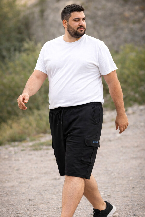 Plus Size Erkek Kargo Cepli Cotton Kapri 0781 Black - Thumbnail