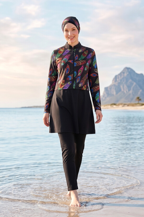 Plus Size Feather Pattern Full-Cover Modest Swimsuit 15 Black04 - Thumbnail