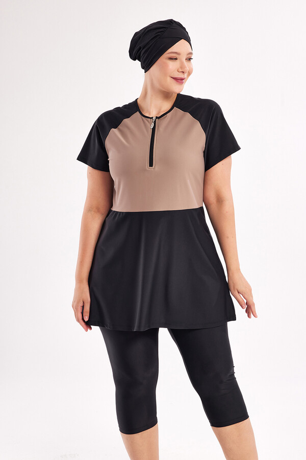 Plus Size Full-Cover Modest Swimsuit Set in Black and Beige 1807 - Thumbnail