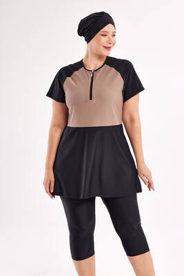 Adasea - Plus Size Full-Cover Modest Swimsuit Set in Black and Beige 1807 (1)