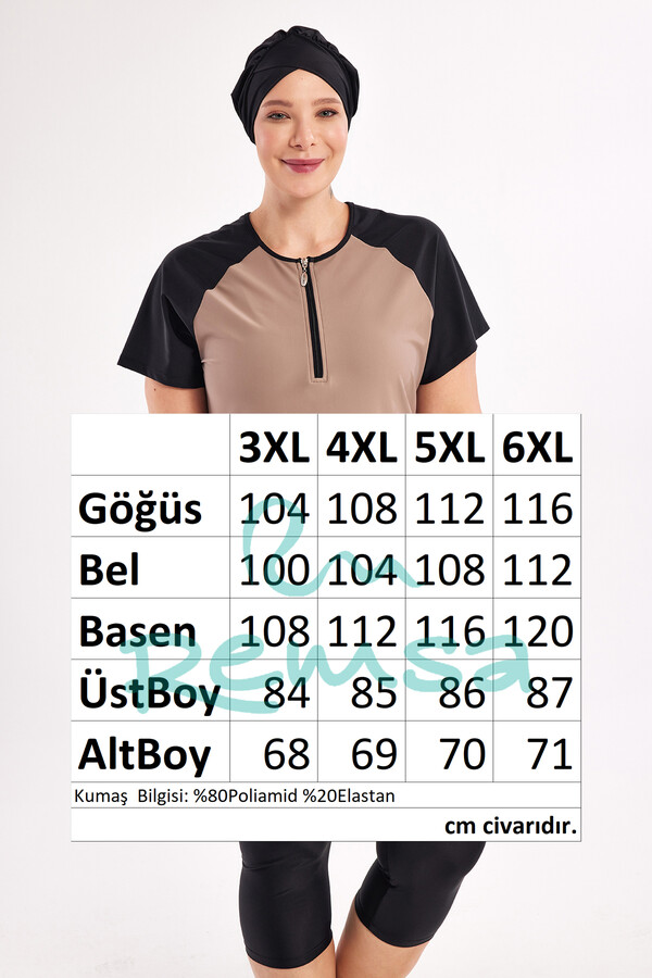 Plus Size Full-Cover Modest Swimsuit Set in Black and Beige 1807 - Thumbnail