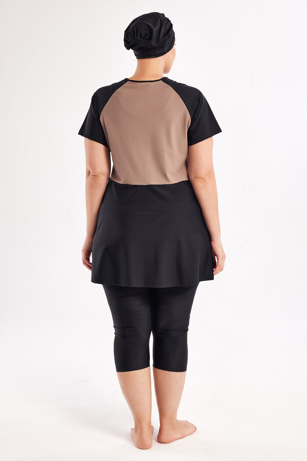 Plus Size Full-Cover Modest Swimsuit Set in Black and Beige 1807 - Thumbnail