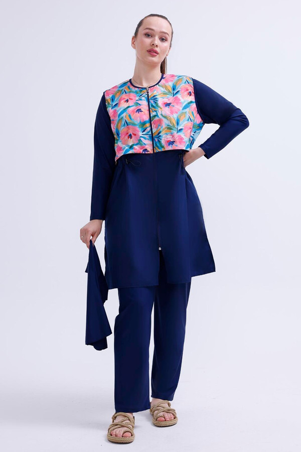 Plus Size Full Cover Modest Swimsuit Set 2516 Mystery Garden Navy - Thumbnail