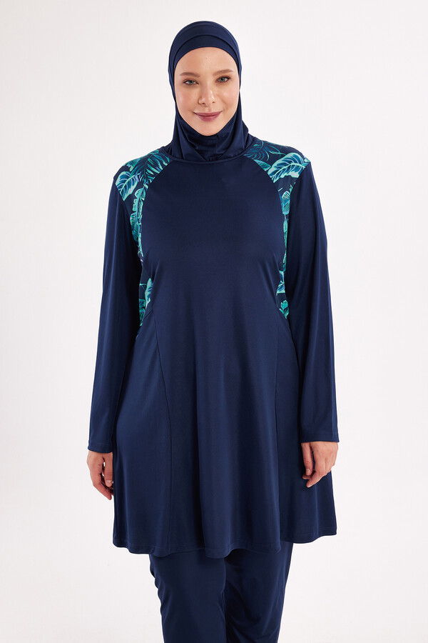 Plus-Size Full-Cover Modest Swimwear Set Navy Blue - Thumbnail