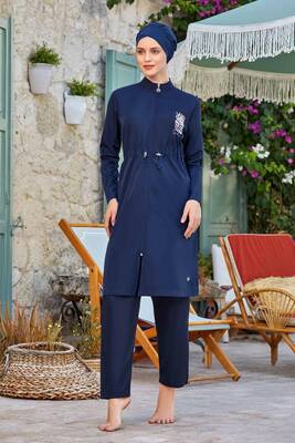 Remsa - Plus Size Full Coverage Burkini Swimwear Levy Battal 8287 Dark Navy Blue