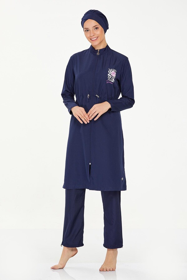 Plus Size Full Coverage Burkini Swimwear Levy Battal 8287 Dark Navy Blue - Thumbnail