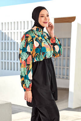 Adasea - Plus Size Full Coverage Modest Swimsuit Parachute Fabric 1803 Black Adasea - Plus Size Full Coverage Modest Swimsuit Parachute Fabric 1803 Black