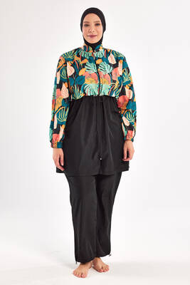 Adasea - Plus Size Full Coverage Modest Swimsuit Parachute Fabric 1803 Black (1) Adasea - Plus Size Full Coverage Modest Swimsuit Parachute Fabric 1803 Black (1)