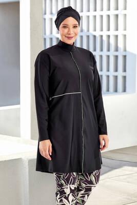 Adasea - Plus Size Full Coverage Modest Swimsuit With UV Protection 1801 Black Adasea - Plus Size Full Coverage Modest Swimsuit With UV Protection 1801 Black