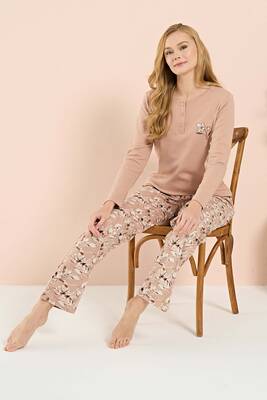Remsa - Plus-Size Knit Long Sleeve Pajama Set in Salmon (1)