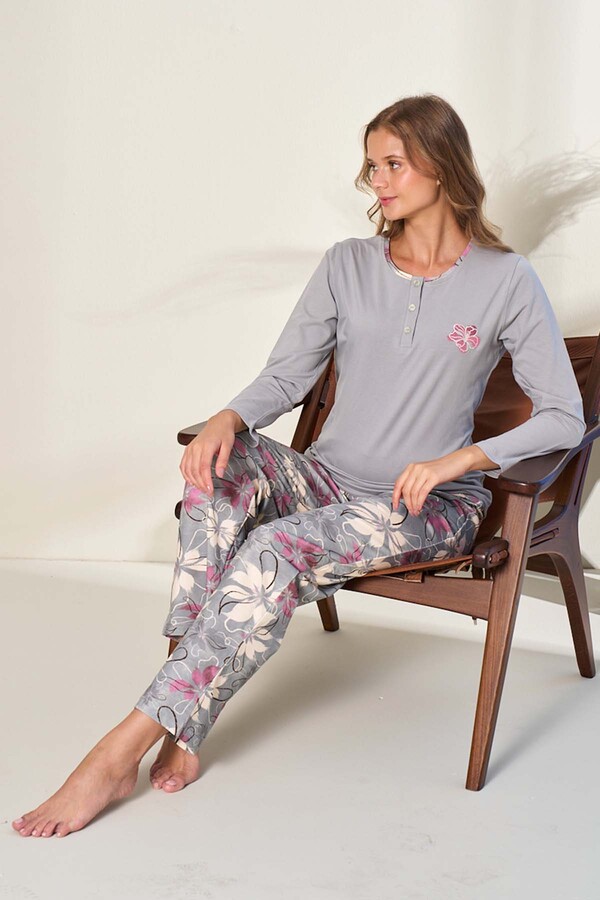 Plus Size Knit Long Sleeve Pajama Set in Grey - Thumbnail