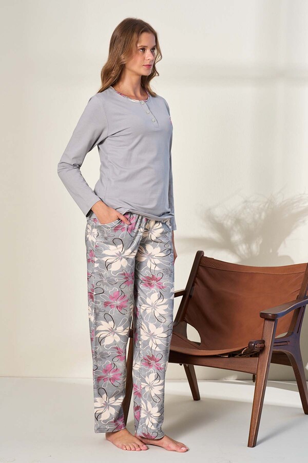 Plus Size Knit Long Sleeve Pajama Set in Grey - Thumbnail
