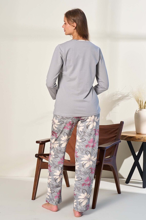Plus Size Knit Long Sleeve Pajama Set in Grey - Thumbnail