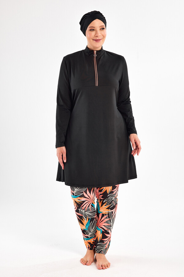 Plus Size Lycra Full Coverage Modest Swimsuit Set 2801 Black - Thumbnail