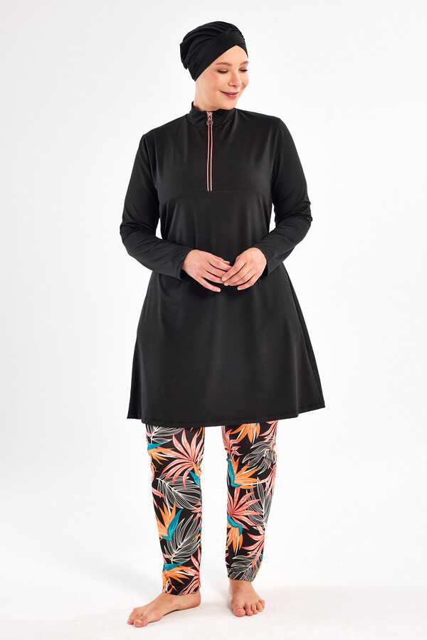 Plus Size Lycra Full Coverage Modest Swimsuit Set 2801 Black - Thumbnail