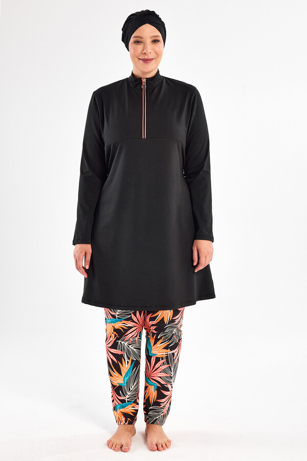 Plus Size Lycra Full Coverage Modest Swimsuit Set 2801 Black - Thumbnail