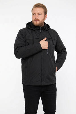 Remsa Sportswear - Plus Size Men's Hooded Windproof Pocket Detailed Mesh Raincoat Black Remsa Spor TH901