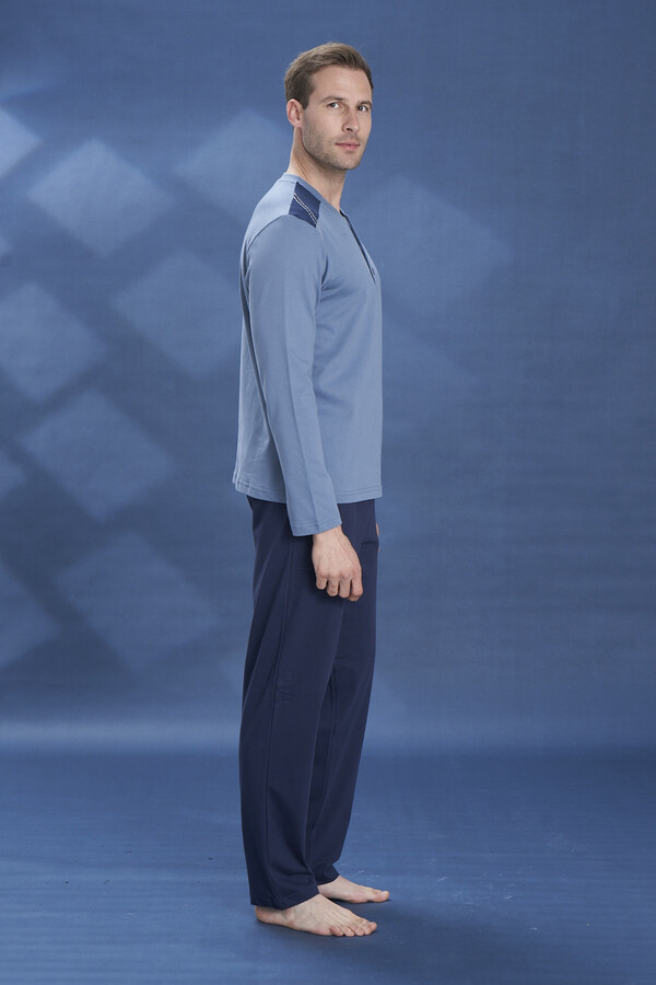 Plus-Size Men's Knit Long Sleeve Pajama Set 2104 Indigo - Thumbnail