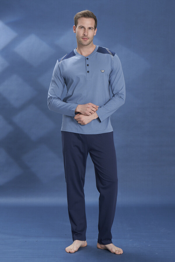 Plus-Size Men's Knit Long Sleeve Pajama Set 2104 Indigo - Thumbnail