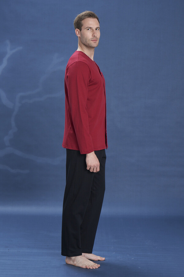 Plus-Size Men's Knit Long Sleeve Pajama Set 2141 Burgundy - Thumbnail