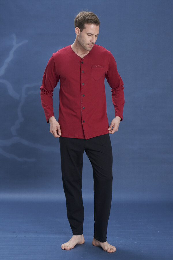 Plus-Size Men's Knit Long Sleeve Pajama Set 2141 Burgundy - Thumbnail