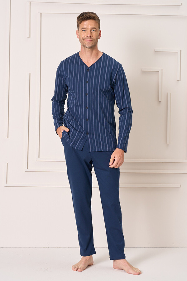 Plus-Size Men's Knit Long Sleeve Pajama Set 2144 Navy01 - Thumbnail