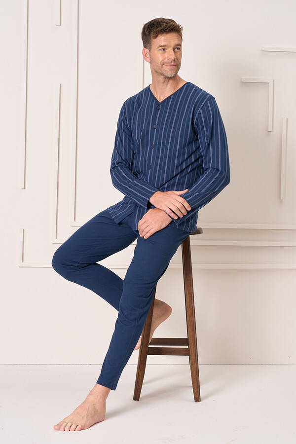 Plus-Size Men's Knit Long Sleeve Pajama Set 2144 Navy01 - Thumbnail