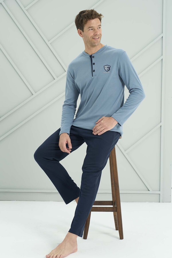 Plus-Size Men's Knit Long Sleeve Pajama Set 2202 Navy - Thumbnail