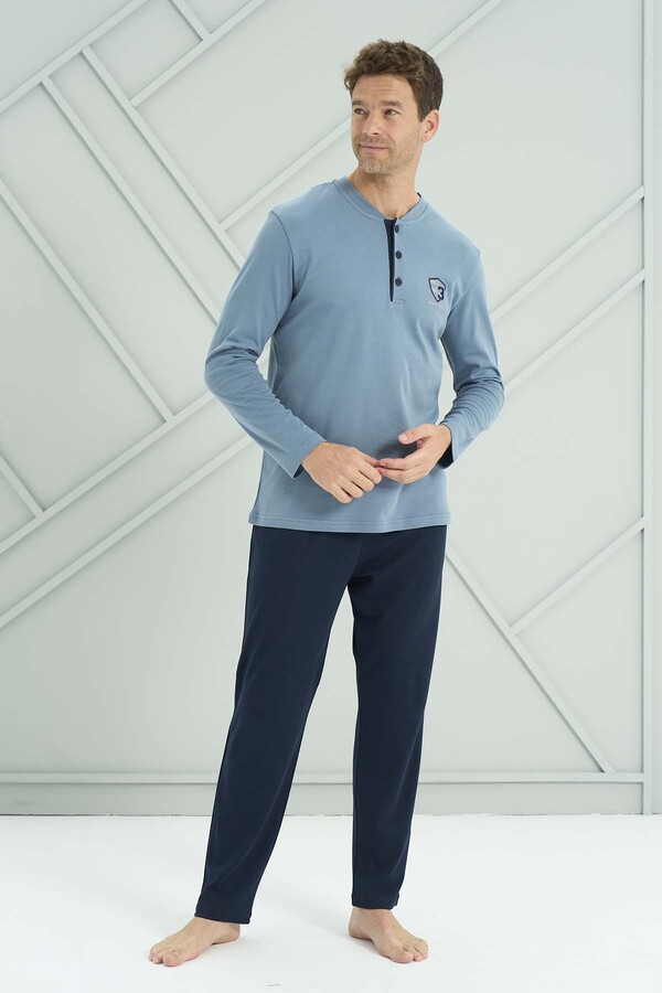 Plus-Size Men's Knit Long Sleeve Pajama Set 2202 Navy - Thumbnail