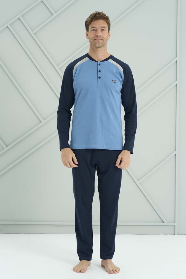 Plus-Size Men's Knit Long Sleeve Pajama Set 2211 Indigo02 - Thumbnail