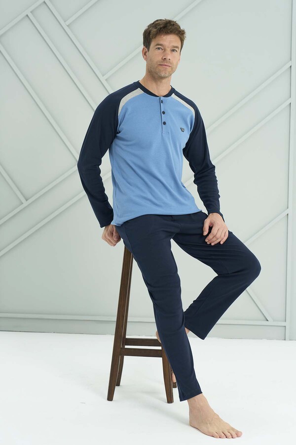 Plus-Size Men's Knit Long Sleeve Pajama Set 2211 Indigo02 - Thumbnail
