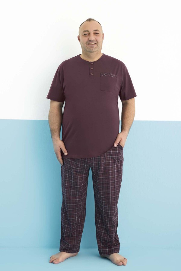 Plus-size Men's Short Sleeve Cotton Pajama Set PJ26-AY-E-KK-BB-250007 Burgundy - Thumbnail