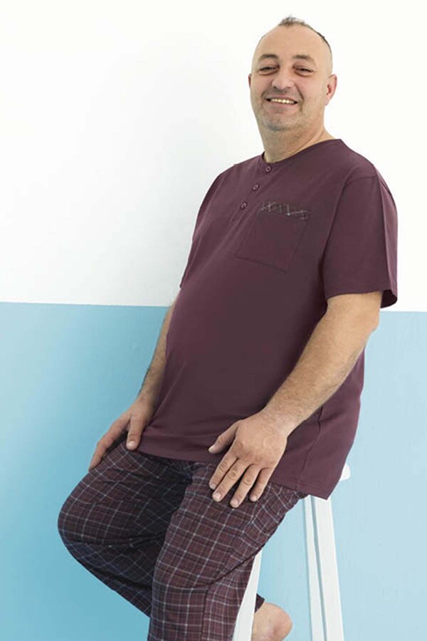 Plus-size Men's Short Sleeve Cotton Pajama Set PJ26-AY-E-KK-BB-250007 Burgundy - Thumbnail