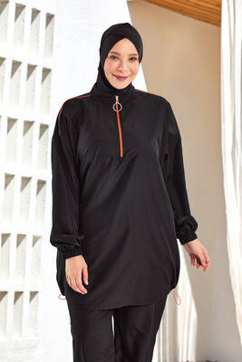 Adasea - Plus Size Parachute Full Coverage Modest Swimsuit 1804 Black